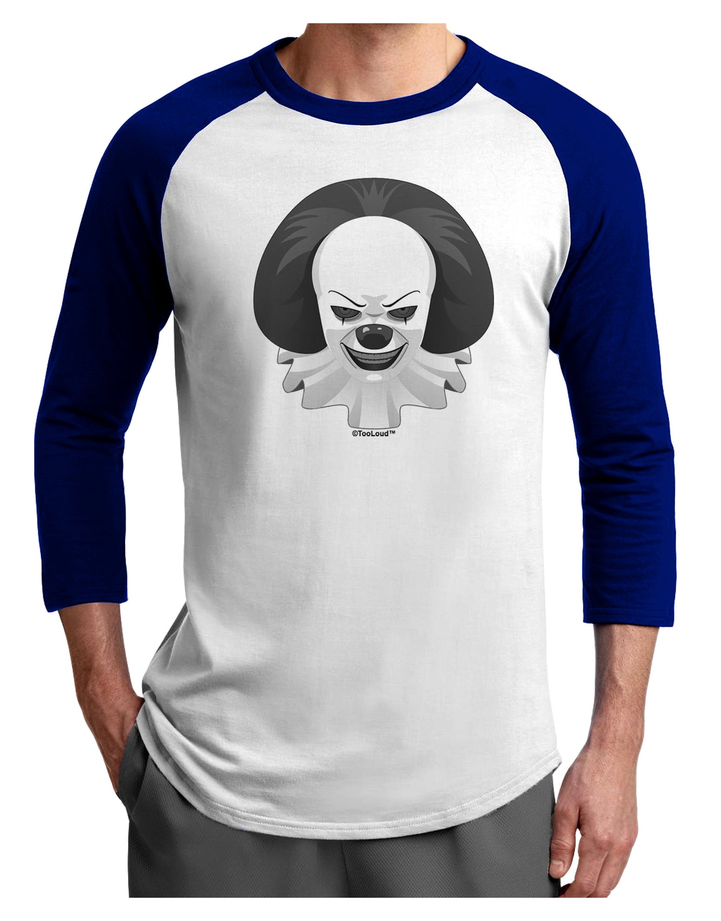 Scary Clown Grayscale Adult Raglan Shirt-TooLoud-White-Royal-X-Small-Davson Sales