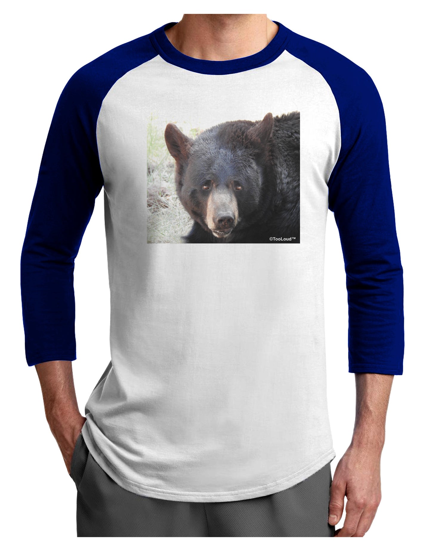Staring Black Bear Adult Raglan Shirt-Raglan Shirt-TooLoud-White-Royal-X-Small-Davson Sales