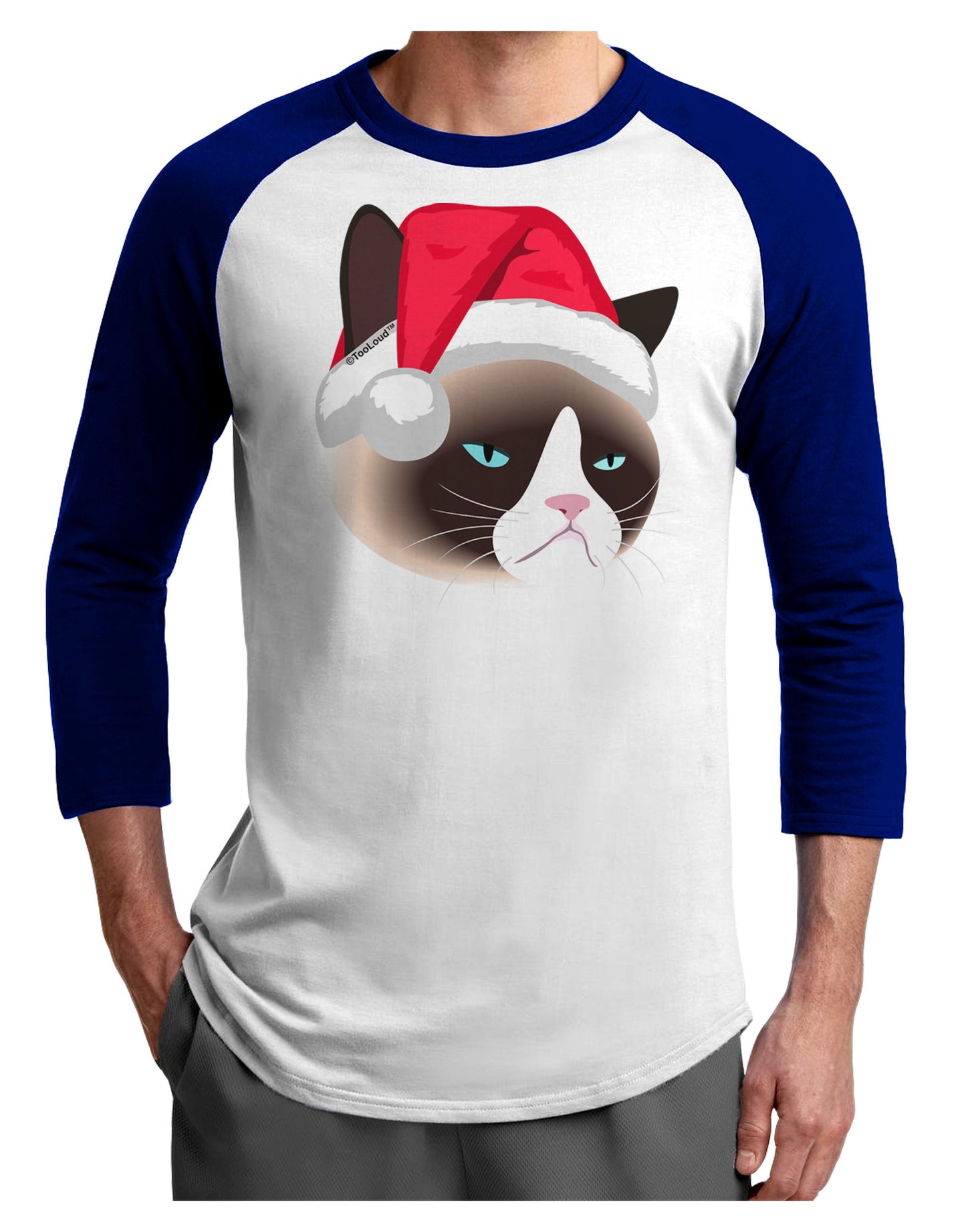 Santa Hat Disgruntled Siamese Cat Adult Raglan Shirt by-Raglan Shirt-TooLoud-White-Royal-X-Small-Davson Sales