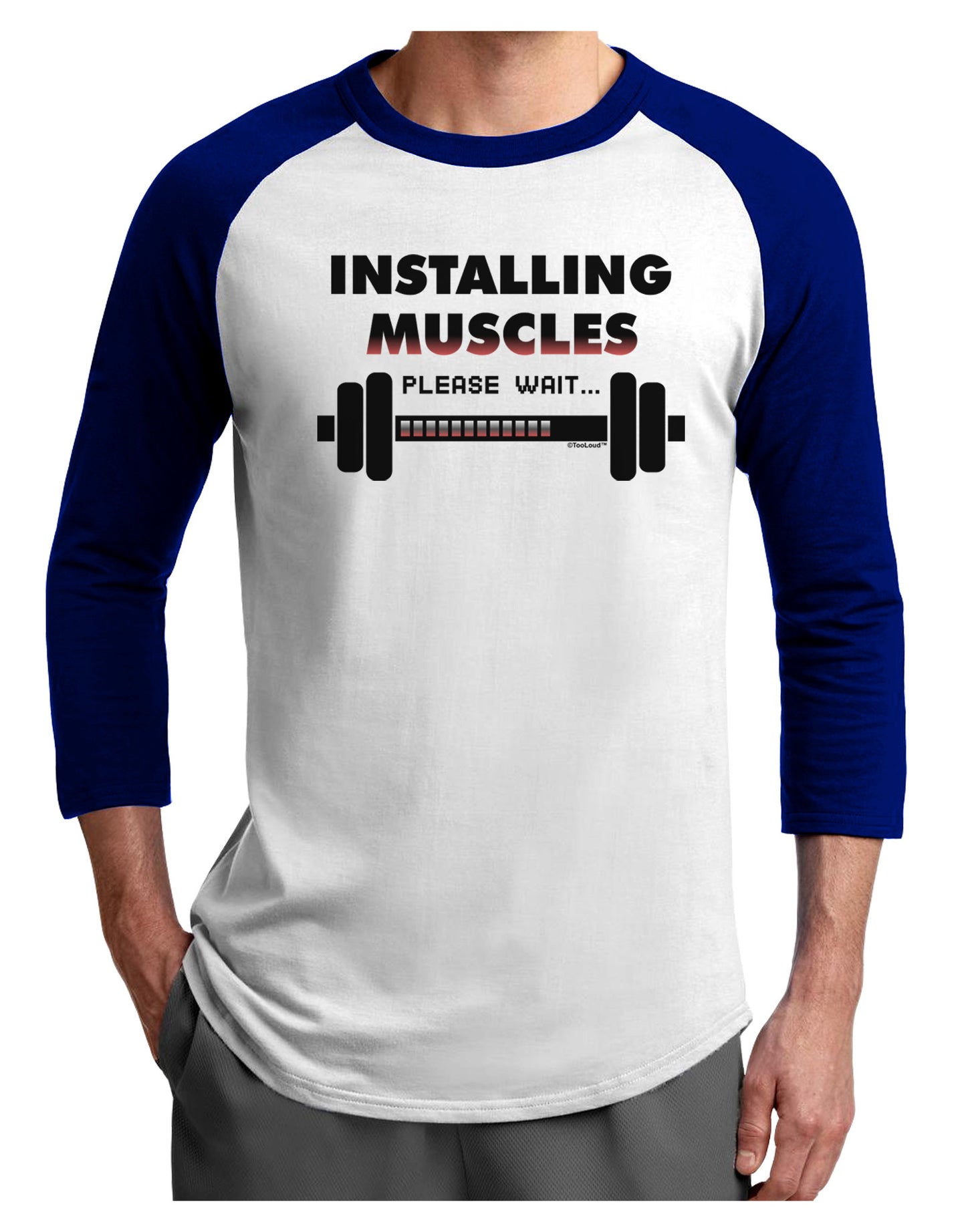 Installing Muscles Adult Raglan Shirt-TooLoud-White-Royal-X-Small-Davson Sales