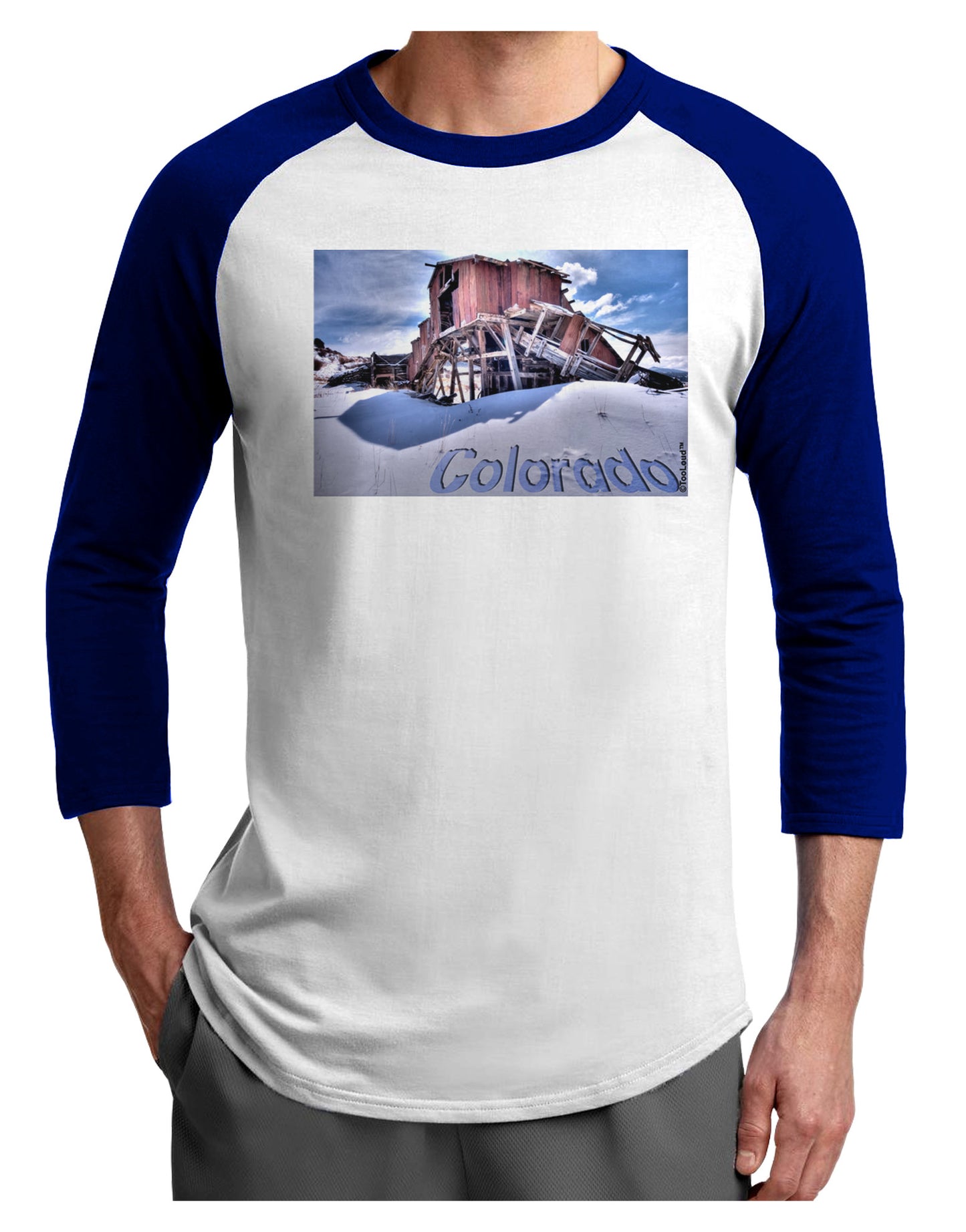 Victor Mines Colorado Text Adult Raglan Shirt-TooLoud-White-Royal-X-Small-Davson Sales