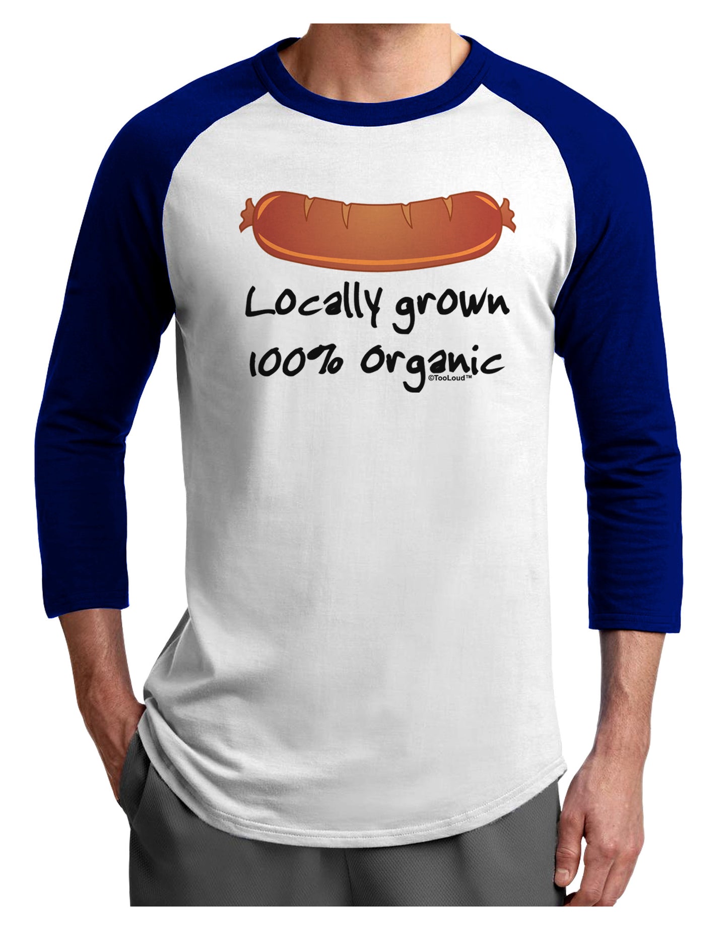 Locally Grown Organic Sausage Adult Raglan Shirt-TooLoud-White-Royal-X-Small-Davson Sales