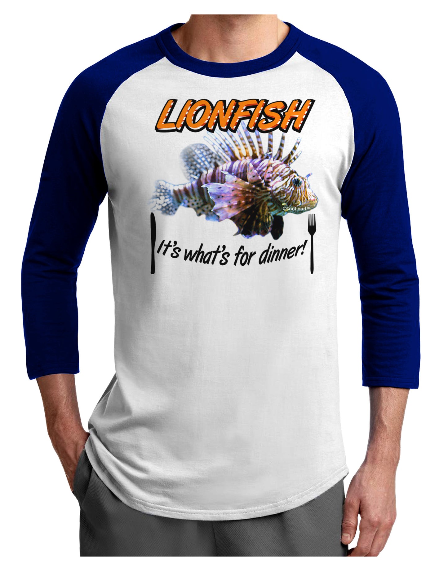 Lionfish - It's What's For Dinner Adult Raglan Shirt-Raglan Shirt-TooLoud-White-Royal-X-Small-Davson Sales