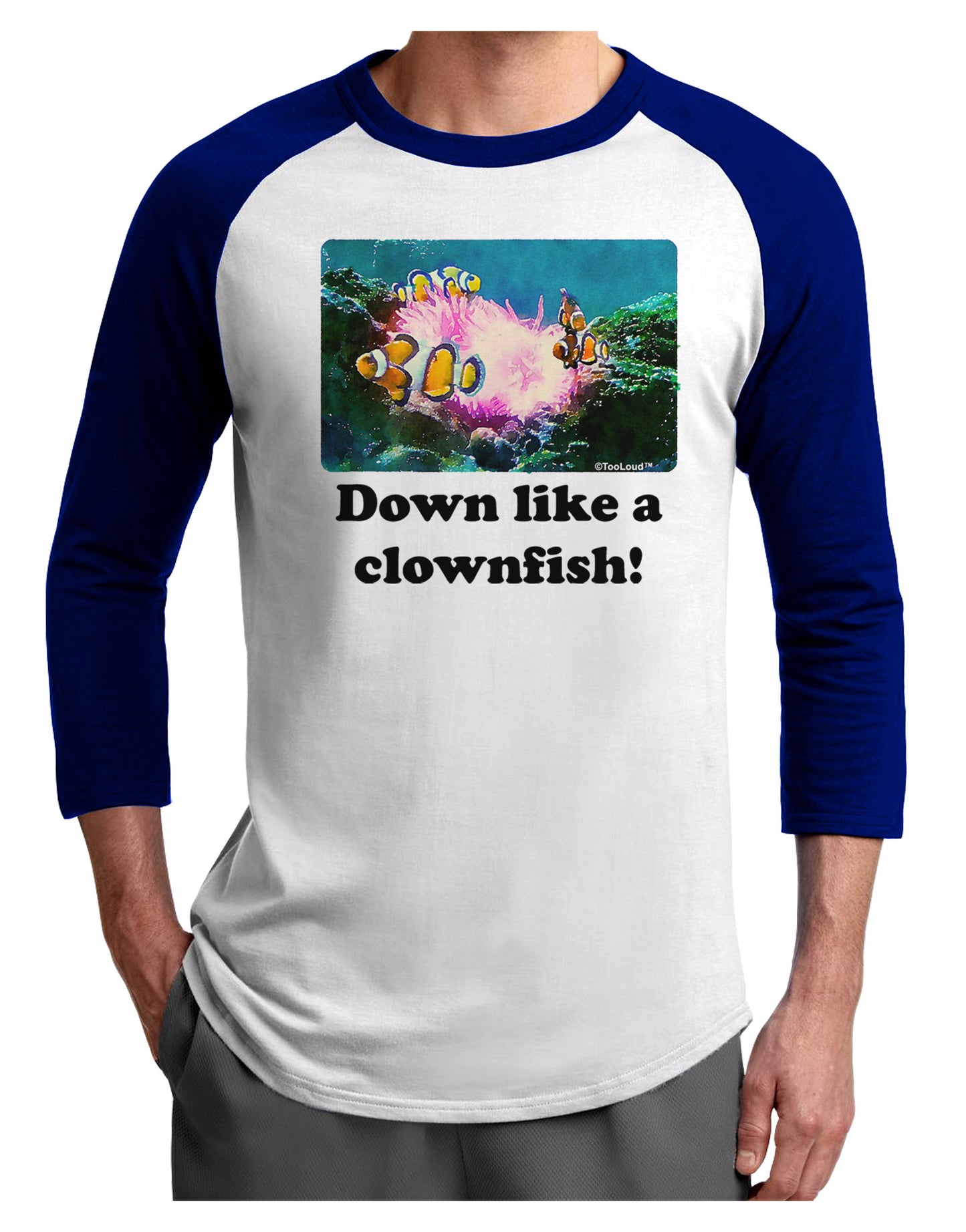 Down Like A Clownfish Adult Raglan Shirt-TooLoud-White-Royal-X-Small-Davson Sales