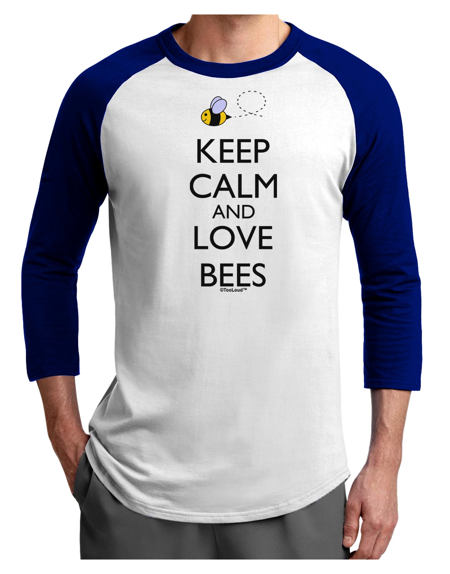 Keep Calm and Love Bees Color Adult Raglan Shirt-TooLoud-White-Royal-X-Small-Davson Sales