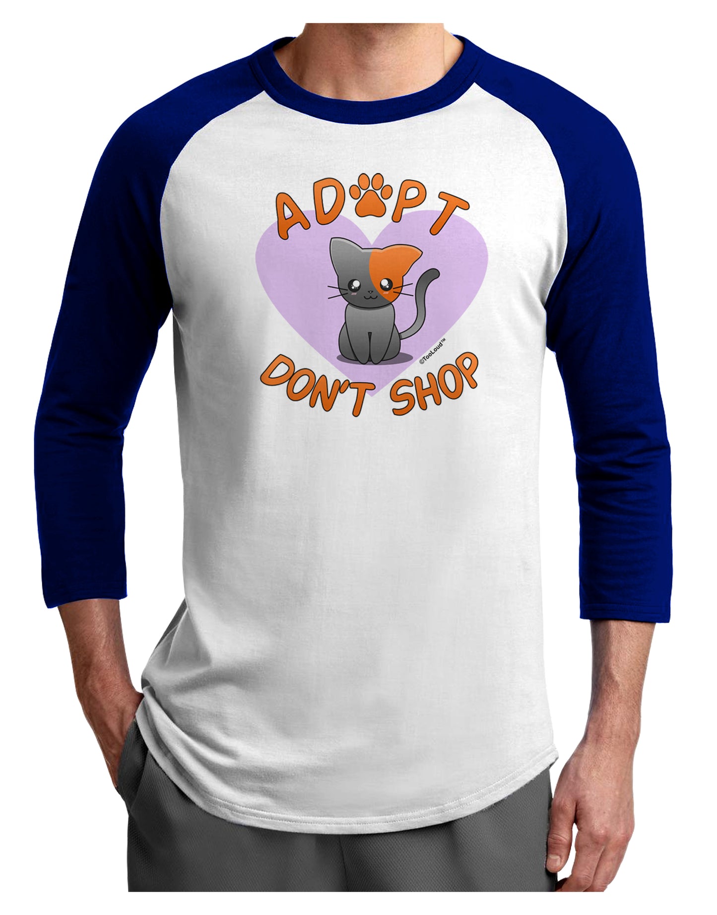 Adopt Don't Shop Cute Kitty Adult Raglan Shirt-TooLoud-White-Royal-X-Small-Davson Sales
