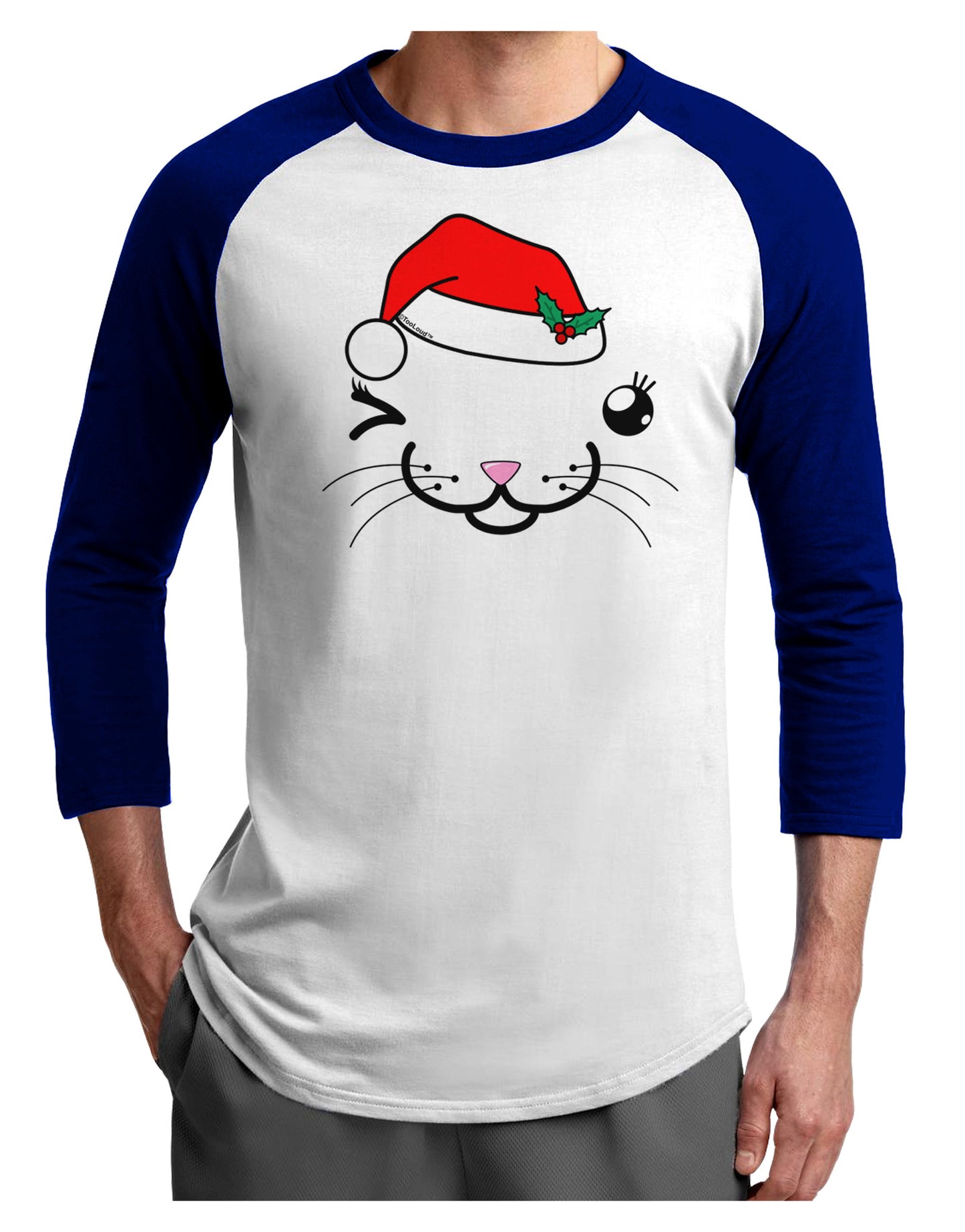Kyu-T Face Kattia Santa Hat Girl Cat Adult Raglan Shirt-TooLoud-White-Royal-X-Small-Davson Sales