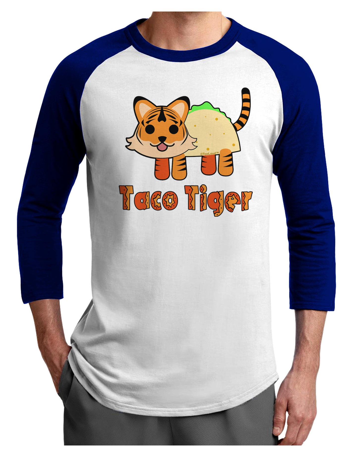 Cute Taco Tiger Text Adult Raglan Shirt-TooLoud-White-Royal-X-Small-Davson Sales