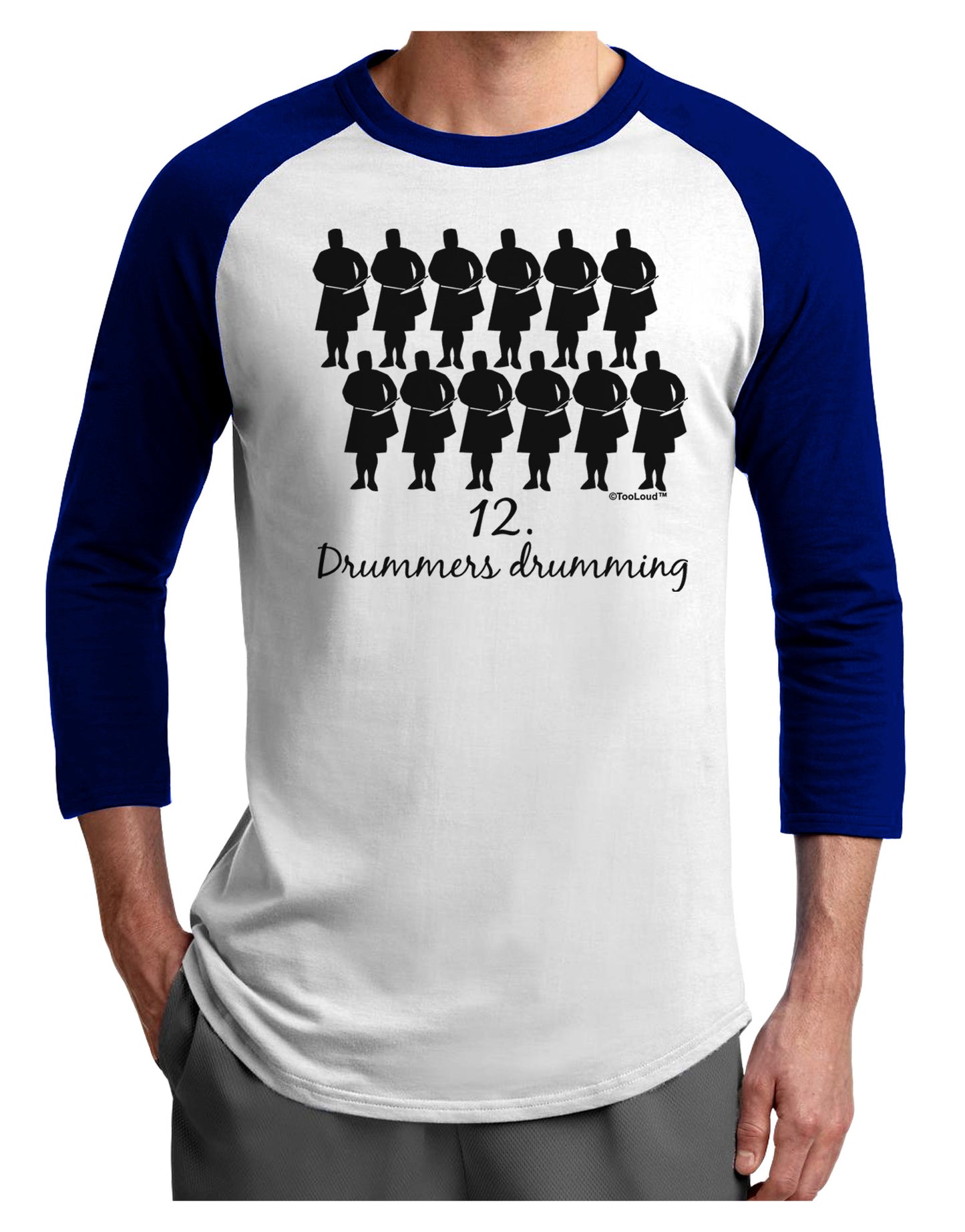 Twelve Drummers Drumming Text Adult Raglan Shirt-TooLoud-White-Royal-X-Small-Davson Sales