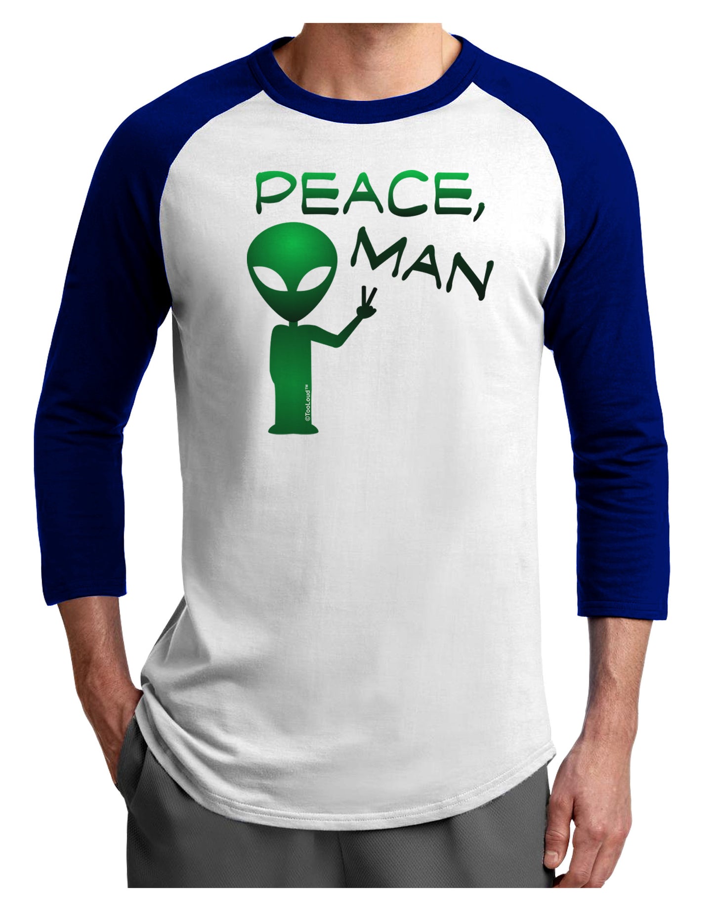 Peace Man Alien Adult Raglan Shirt-TooLoud-White-Royal-X-Small-Davson Sales