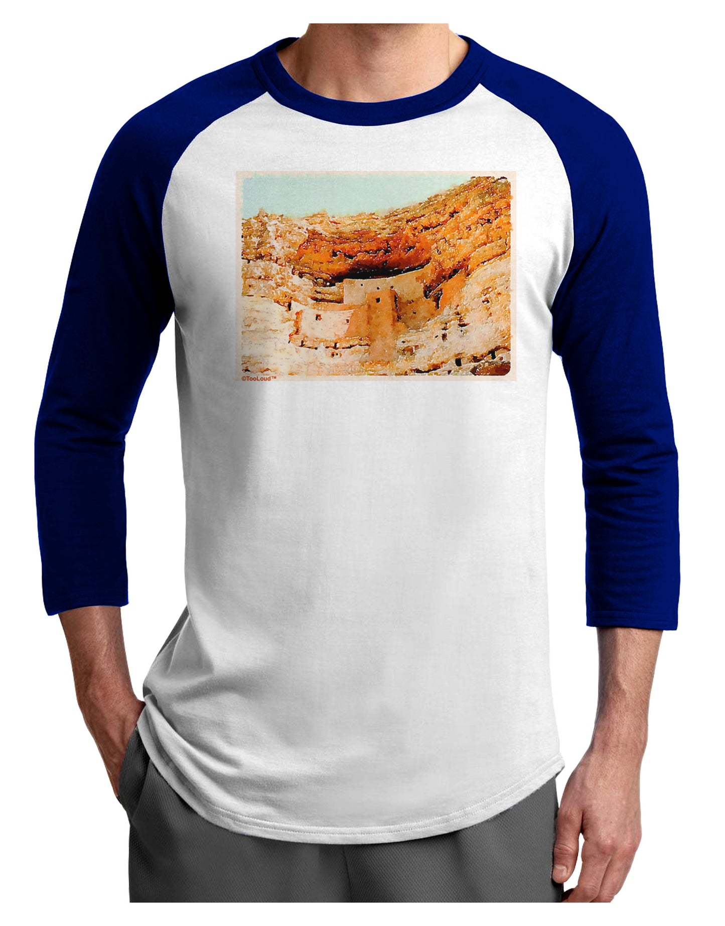 Montezuma Castle Watercolor Adult Raglan Shirt-TooLoud-White-Royal-X-Small-Davson Sales