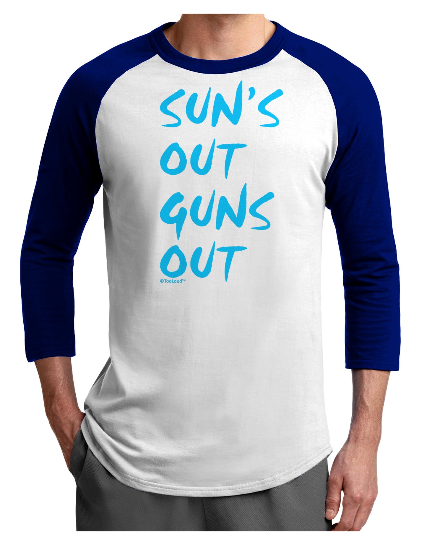 Suns Out Guns Out - Blue Adult Raglan Shirt-TooLoud-White-Royal-X-Small-Davson Sales