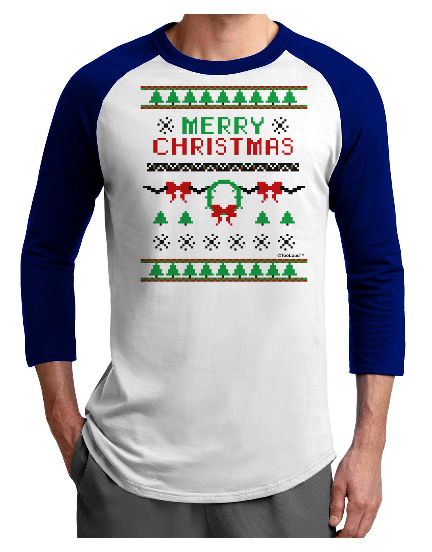 Merry Christmas Ugly Christmas Sweater Adult Raglan Shirt-Raglan Shirt-TooLoud-White-Royal-X-Small-Davson Sales