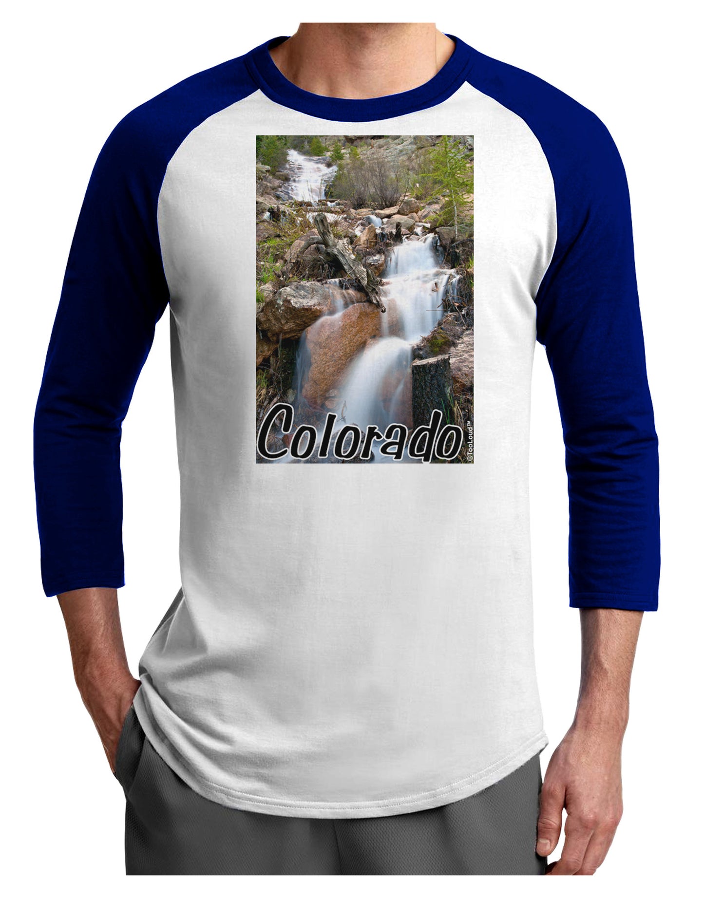 Colorado Waterfall Scene Text Adult Raglan Shirt-TooLoud-White-Royal-X-Small-Davson Sales