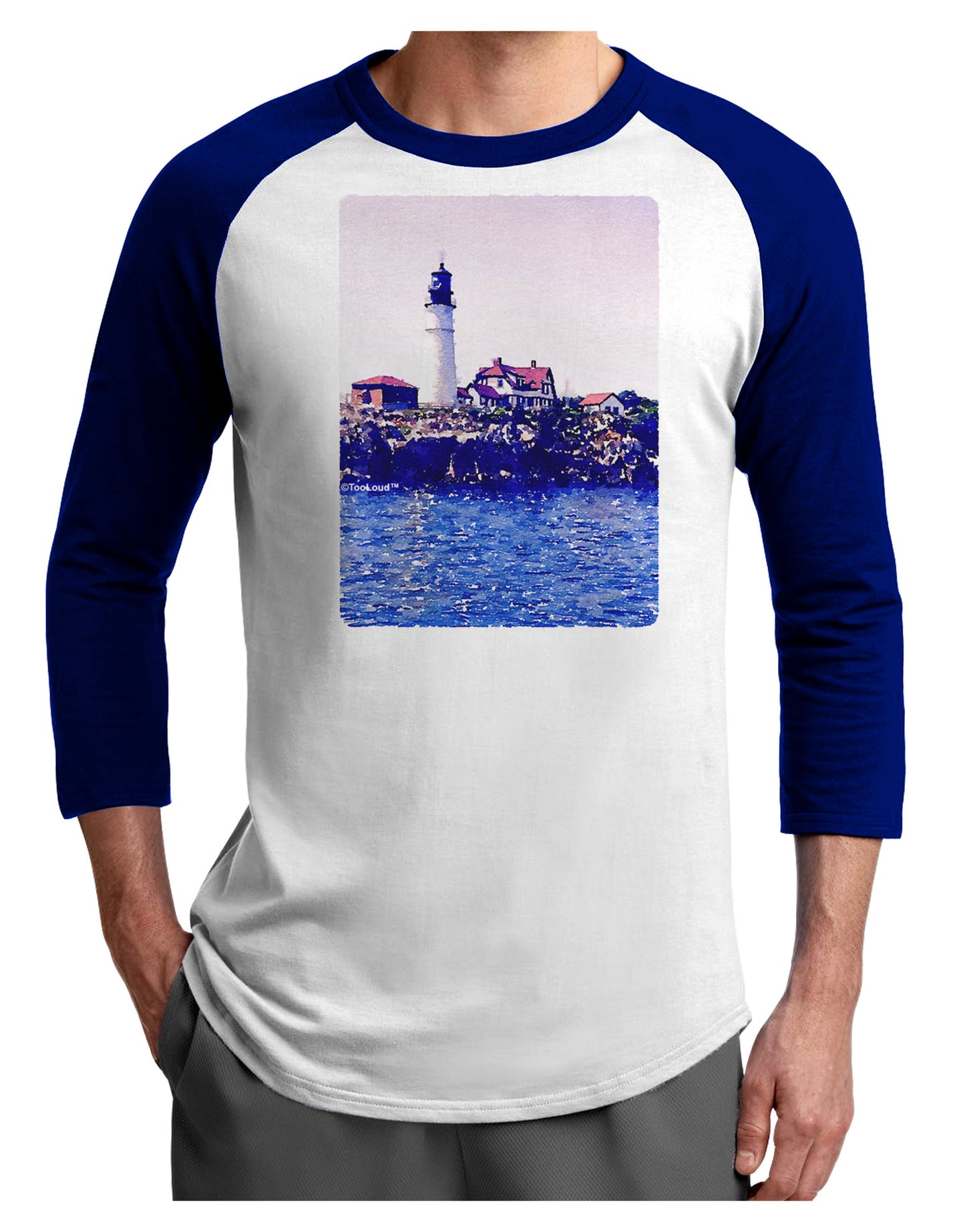 Watercolor Lighthouse 2 Adult Raglan Shirt-TooLoud-White-Royal-X-Small-Davson Sales
