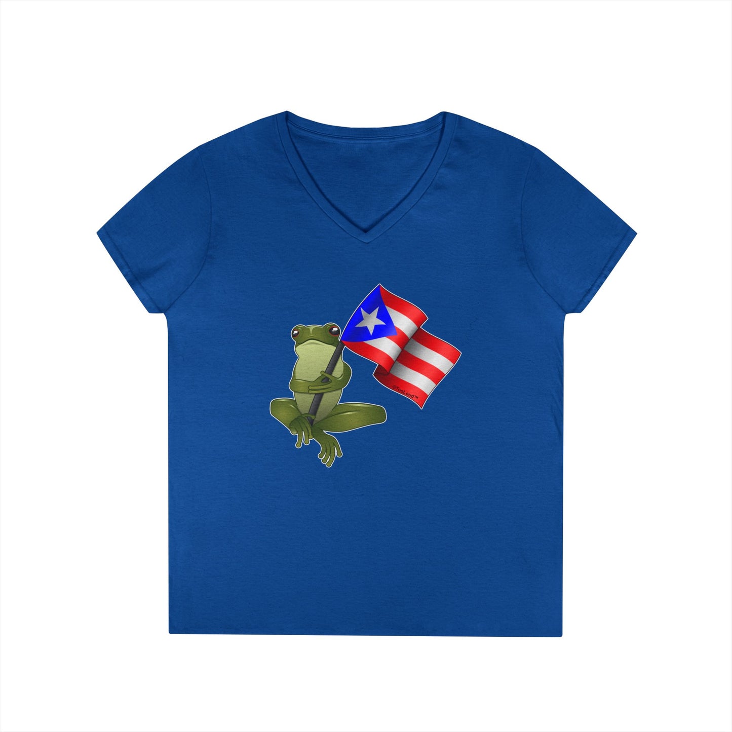 Coquí Holding Flag Women’s Juniors V-Neck T-Shirt by TOOLOUD