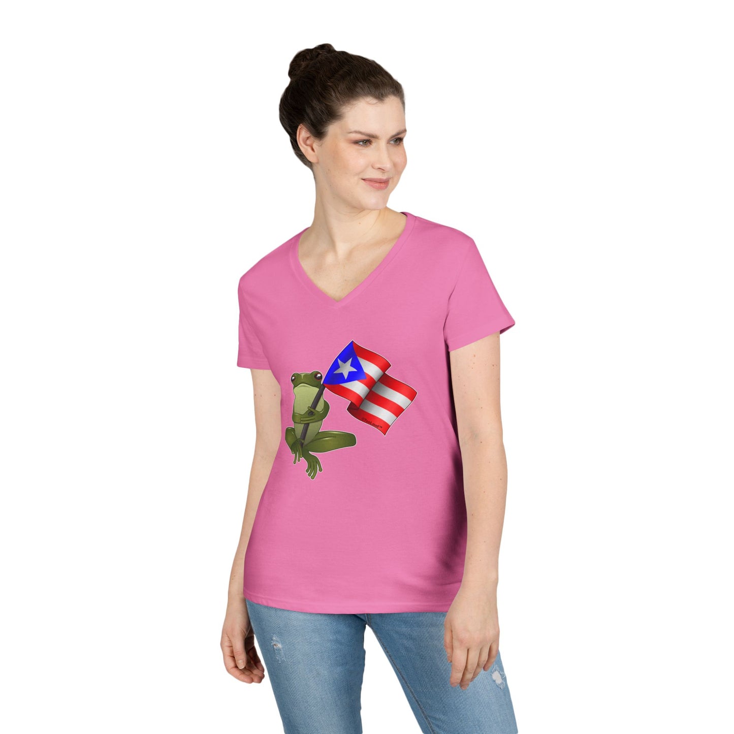 Coquí Holding Flag Women’s Juniors V-Neck T-Shirt by TOOLOUD
