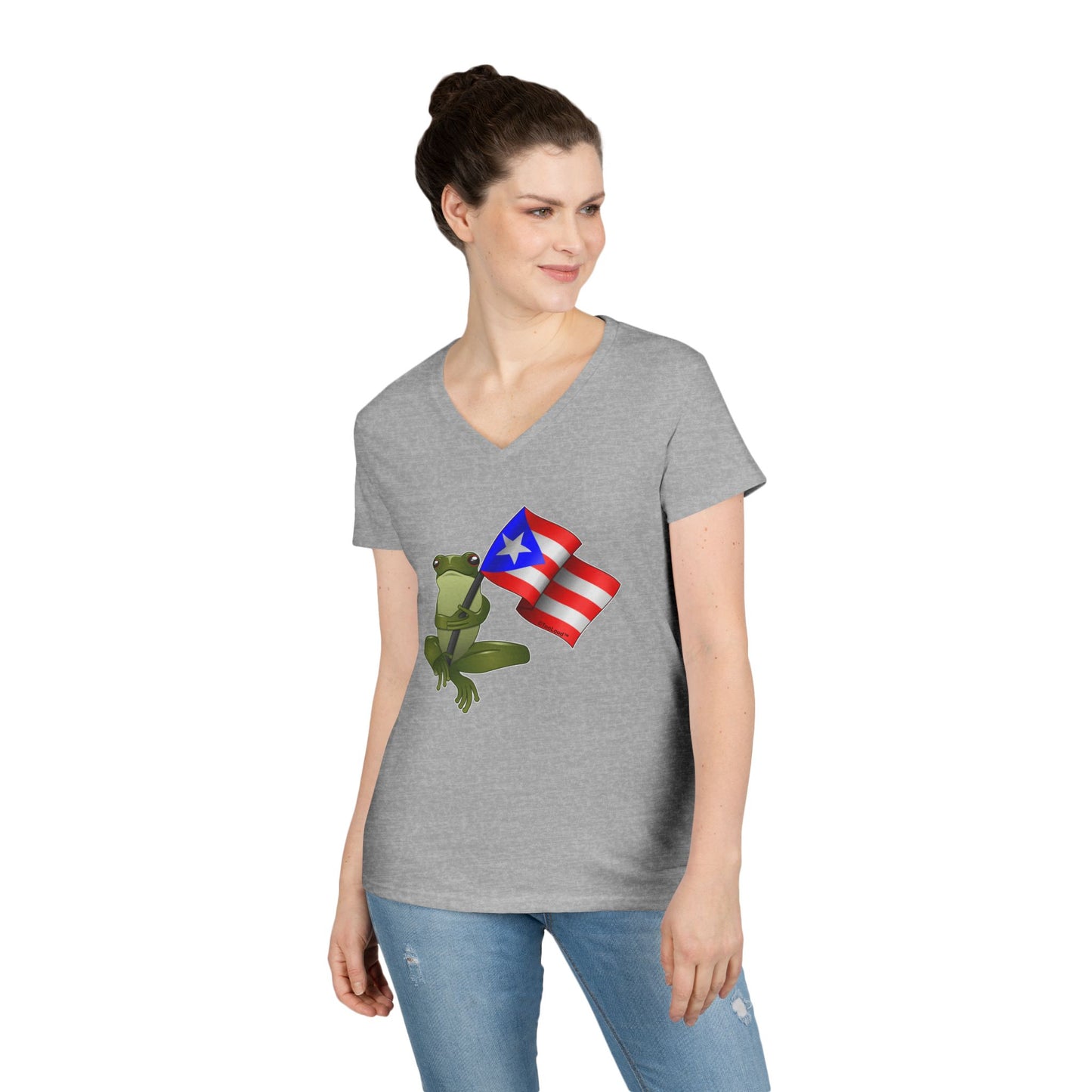 Coquí Holding Flag Women’s Juniors V-Neck T-Shirt by TOOLOUD