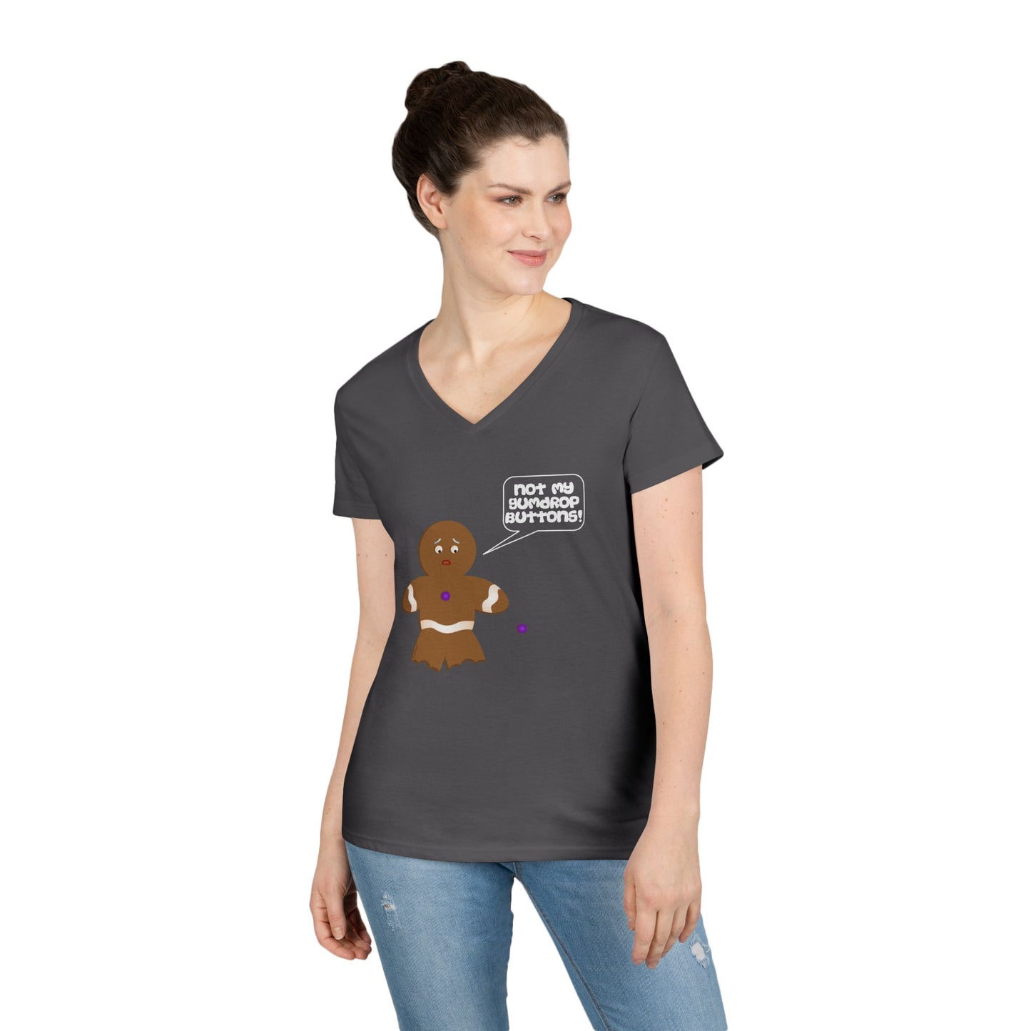 Not My Gumdrop Buttons Gingerbread Man Christmas Juniors V-Neck Dark T-Shirt by TOOLOUD™