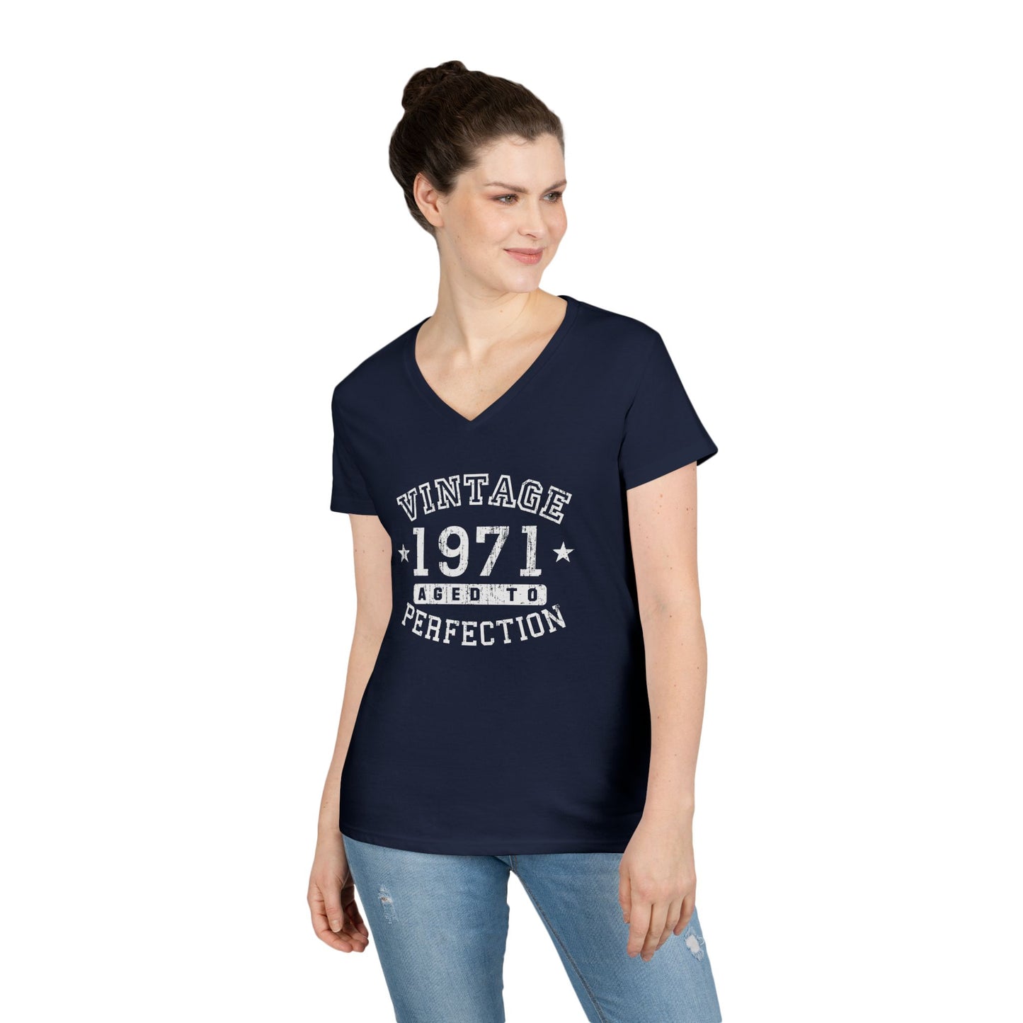50th Birthday Vintage Birth Year 1971 Ladies Petite V-Neck Dark T-Shirt by TOOLOUD