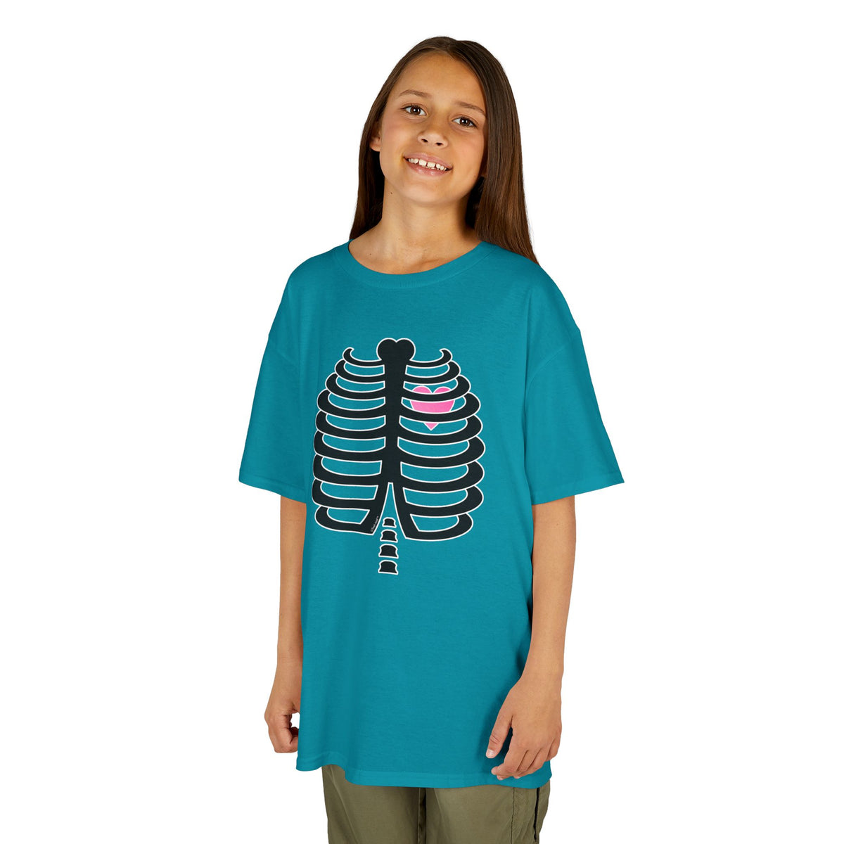 Black Skeleton Ribcage with Pink Heart Halloween Children's T-Shirt by TOOLOUD