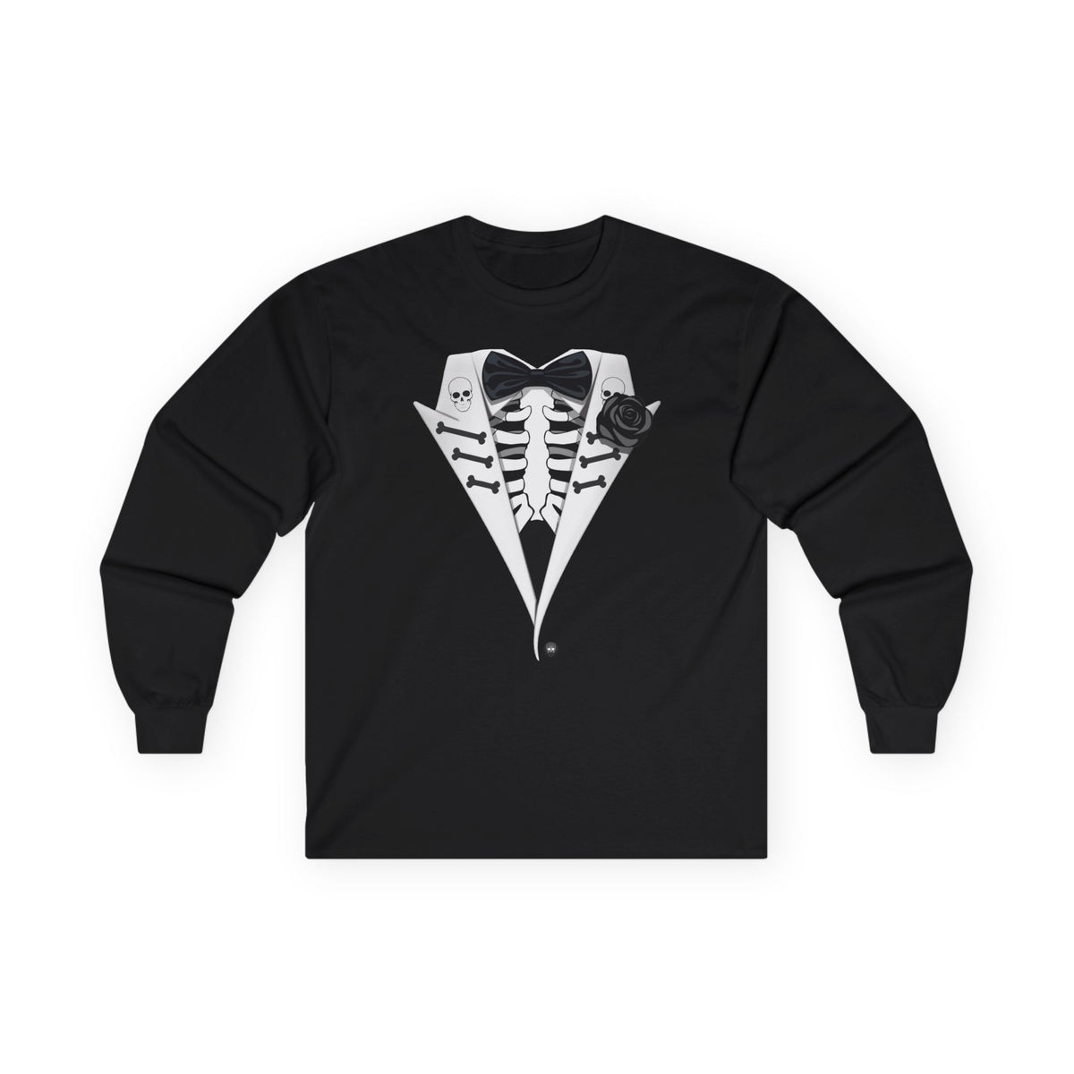 Skeleton Tuxedo Halloween Adult Long Sleeve Dark T-Shirt by TOOLOUD