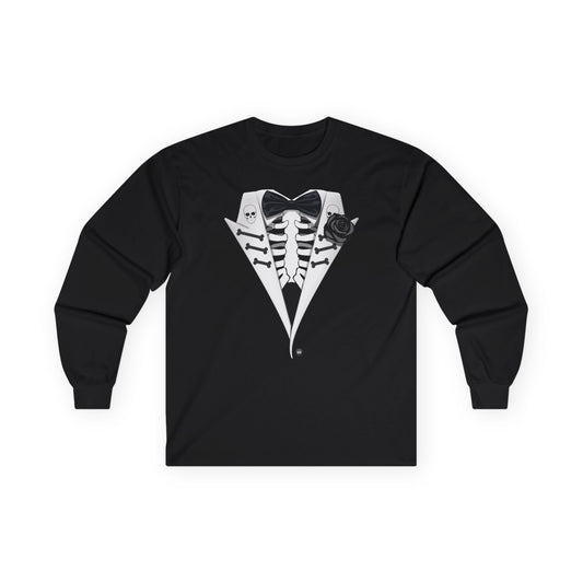Skeleton Tuxedo Halloween Adult Long Sleeve Dark T-Shirt by TOOLOUD