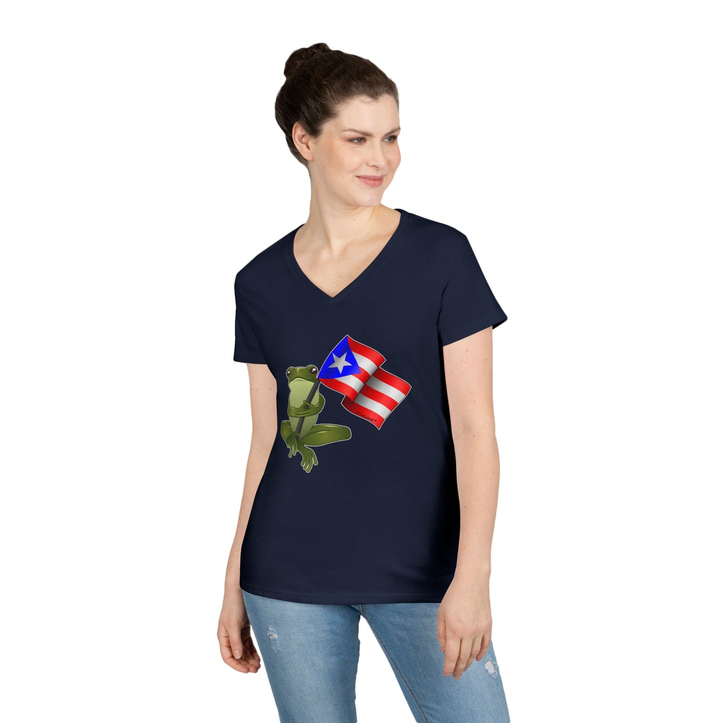 Coquí Holding Flag Women’s Juniors V-Neck T-Shirt by TOOLOUD