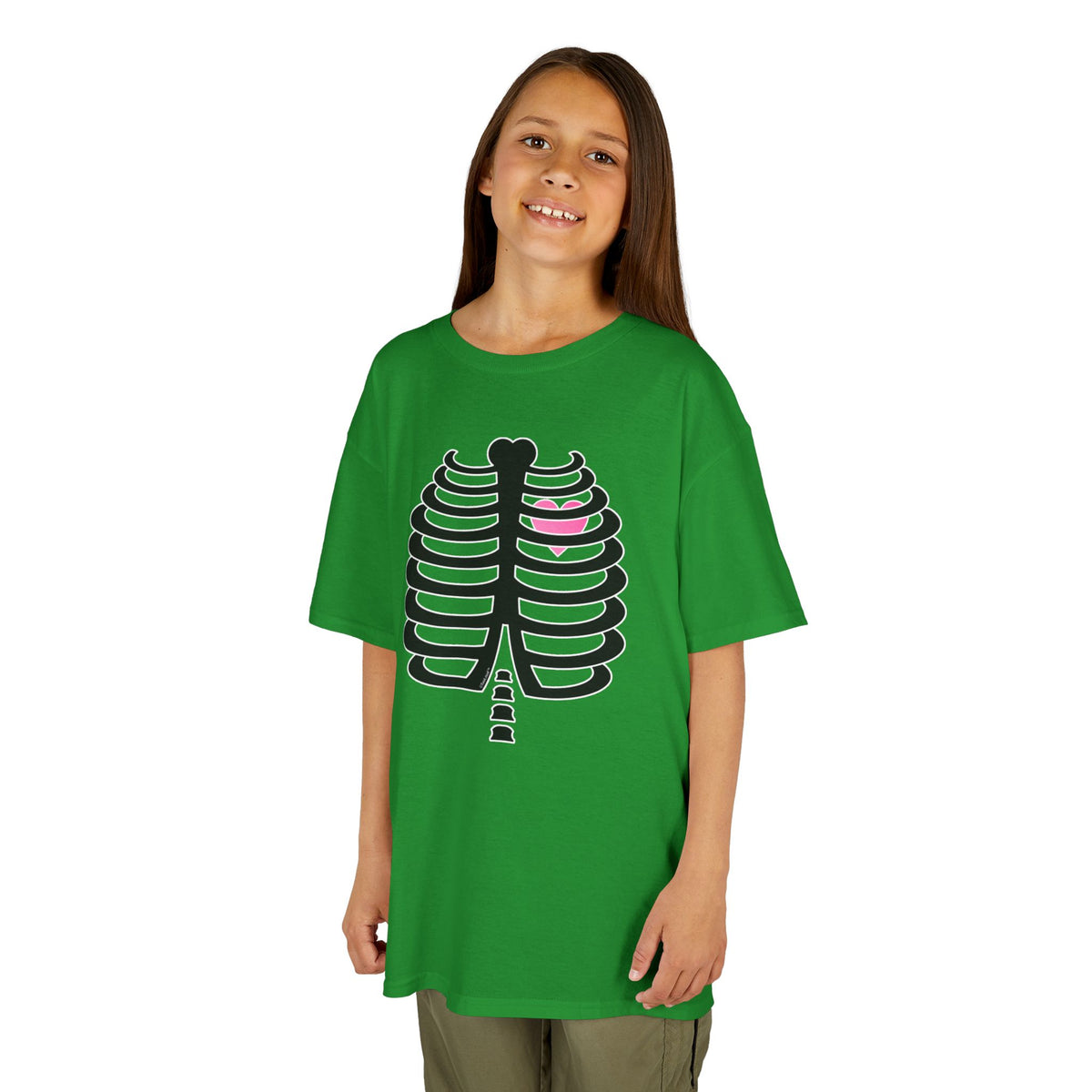 Black Skeleton Ribcage with Pink Heart Halloween Children's T-Shirt by TOOLOUD