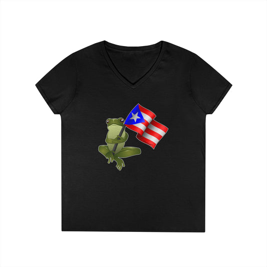 Coquí Holding Flag Women’s Juniors V-Neck T-Shirt by TOOLOUD