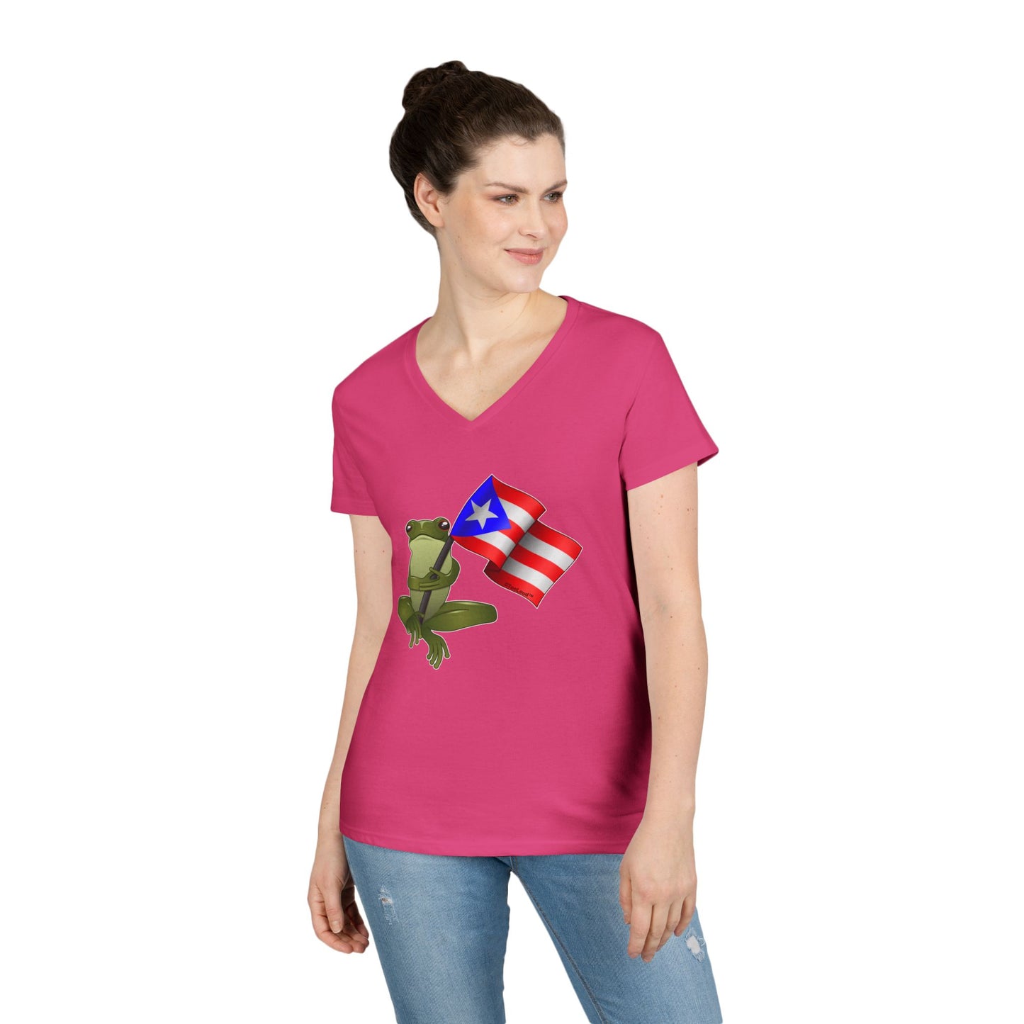 Coquí Holding Flag Women’s Juniors V-Neck T-Shirt by TOOLOUD