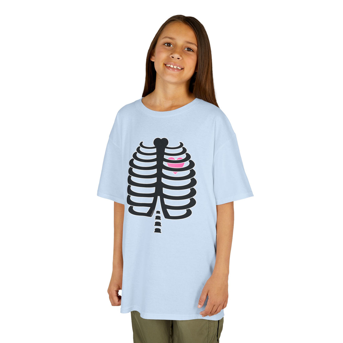 Black Skeleton Ribcage with Pink Heart Halloween Children's T-Shirt by TOOLOUD