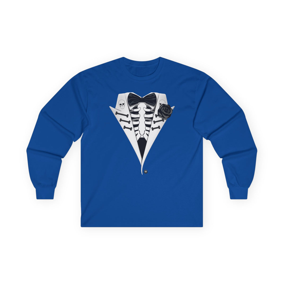 Skeleton Tuxedo Halloween Adult Long Sleeve Dark T-Shirt by TOOLOUD