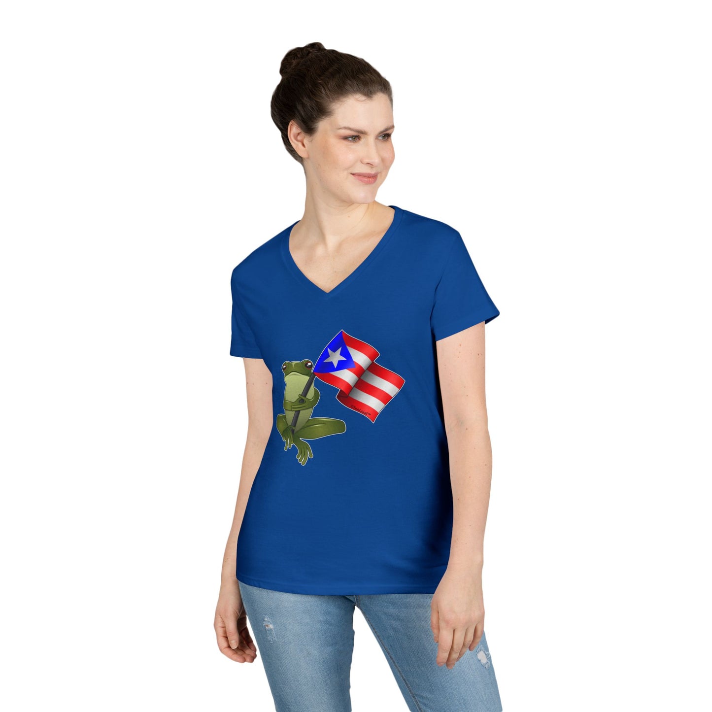 Coquí Holding Flag Women’s Juniors V-Neck T-Shirt by TOOLOUD