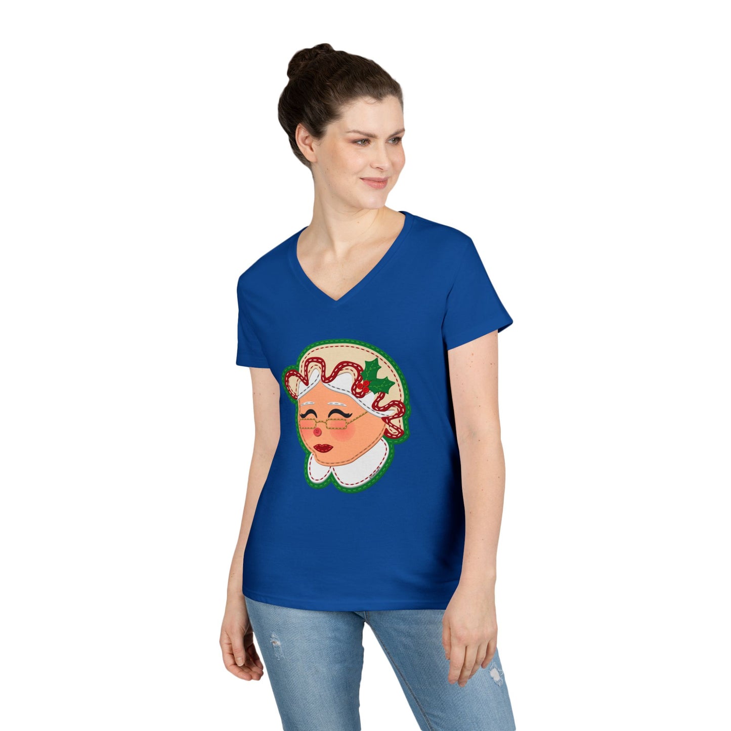 Cute Mrs Claus Face Faux Applique Juniors V-Neck Dark T-Shirt by TOOLOUD™