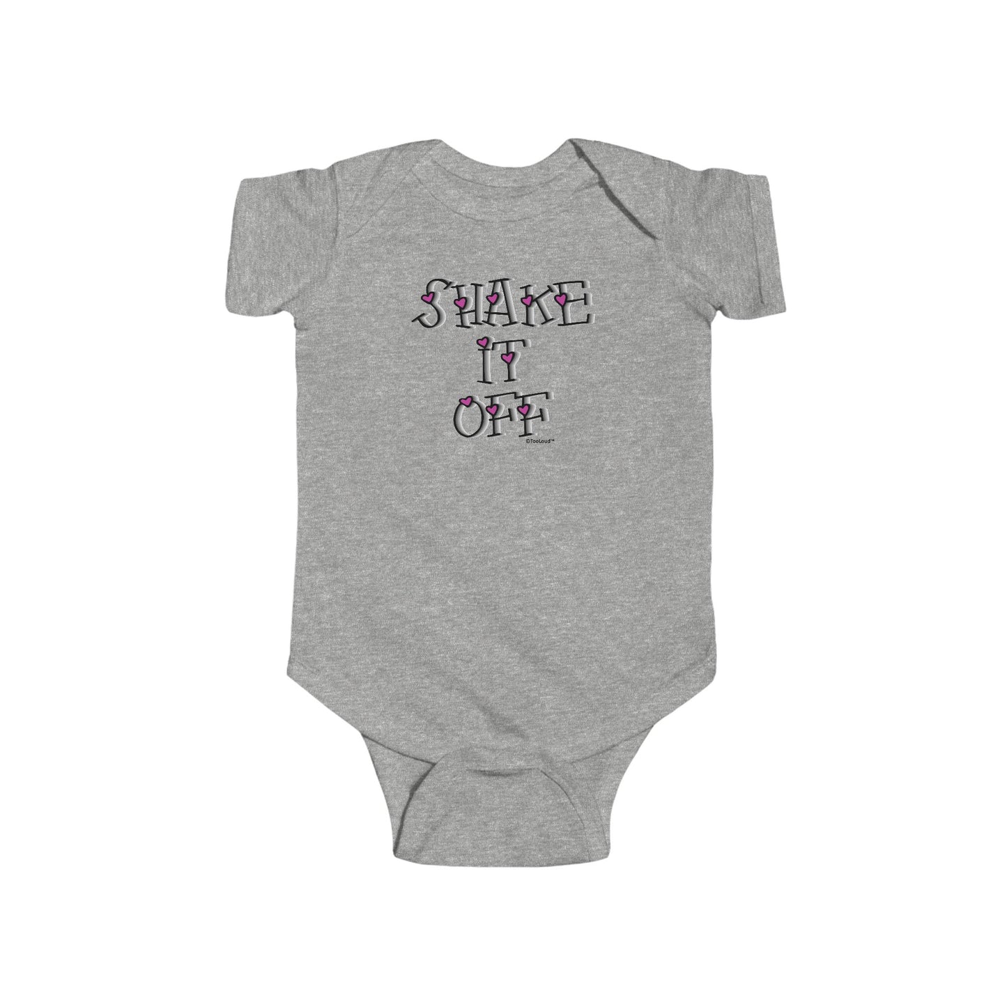 Shake It Off Text Cute with Hearts Baby Romper Bodysuit by TOOLOUD