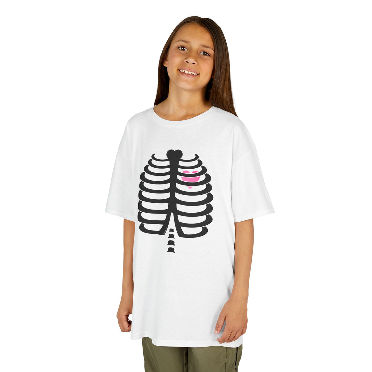 Black Skeleton Ribcage with Pink Heart Halloween Children's T-Shirt by TOOLOUD