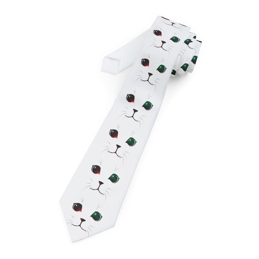 Adorable Space Cat Printed AOP White Necktie by TOOLOUD