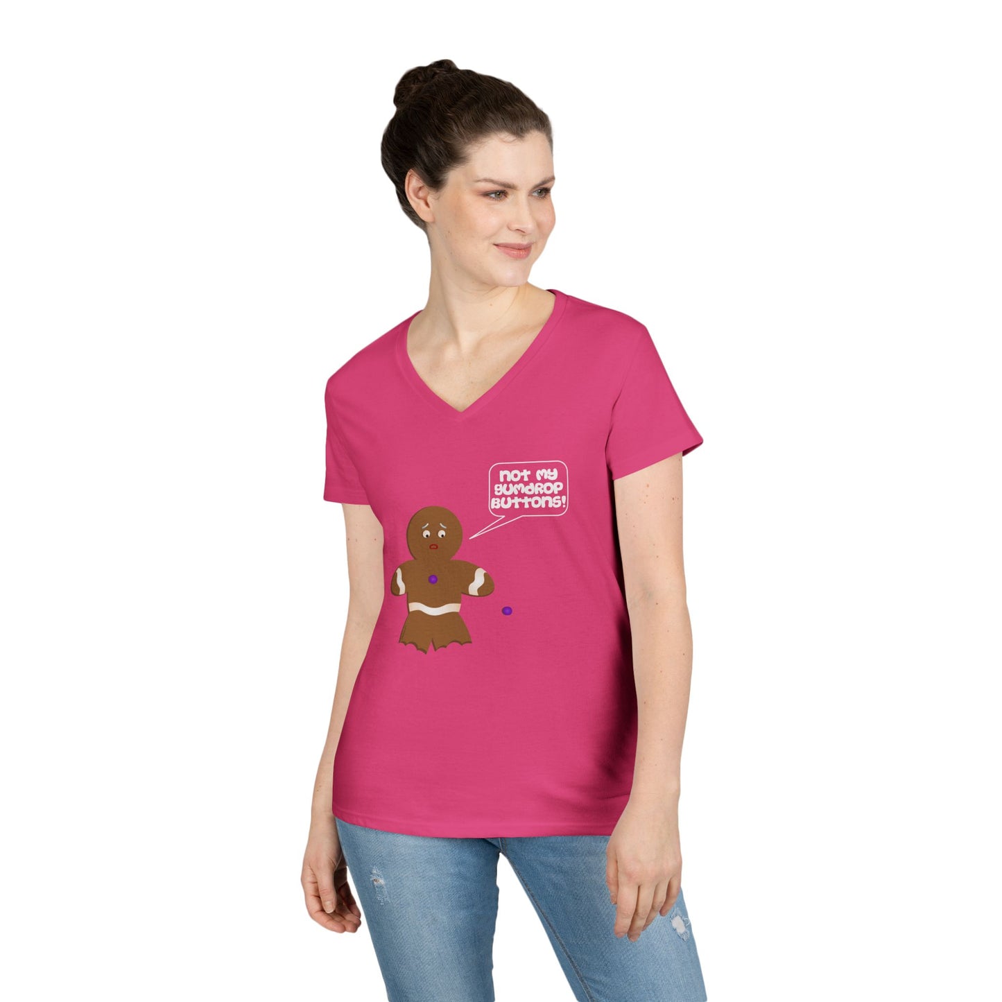 Not My Gumdrop Buttons Gingerbread Man Christmas Juniors V-Neck Dark T-Shirt by TOOLOUD™