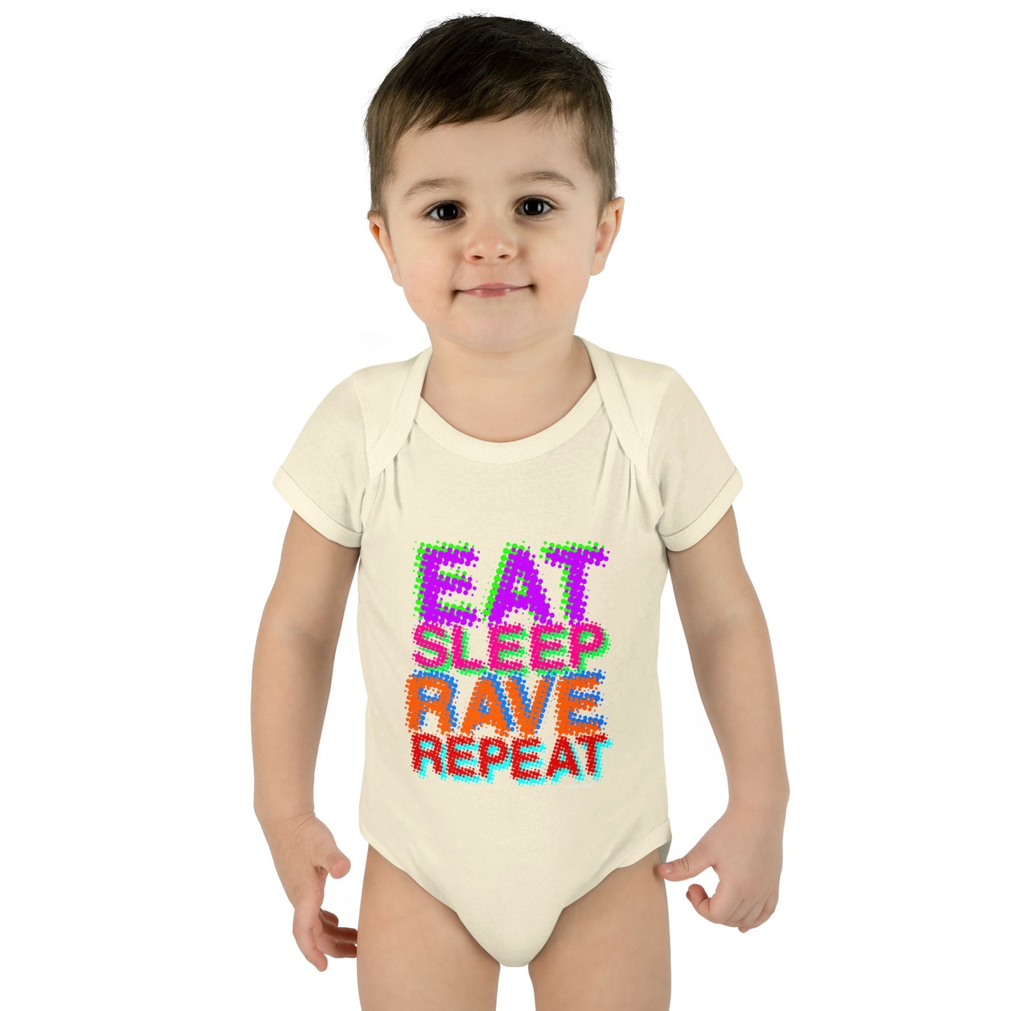 Eat Sleep Rave Repeat Color Infant Baby Romper Bodysuit by TOOLOUD