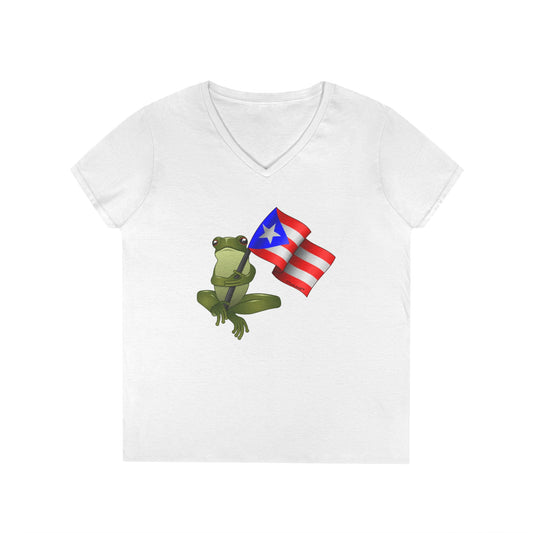 Coquí Holding Flag Women’s Juniors V-Neck T-Shirt by TOOLOUD