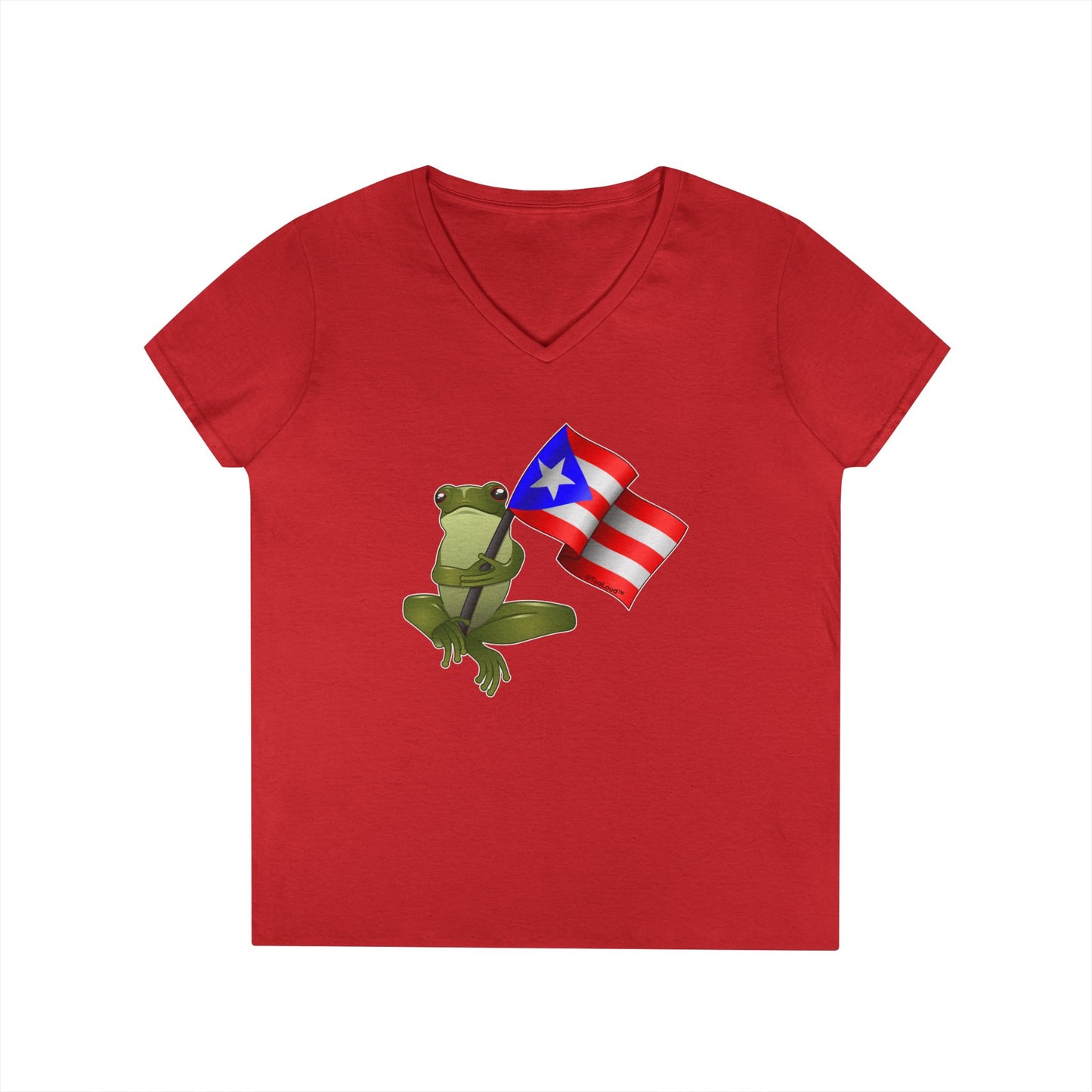 Coquí Holding Flag Women’s Juniors V-Neck T-Shirt by TOOLOUD