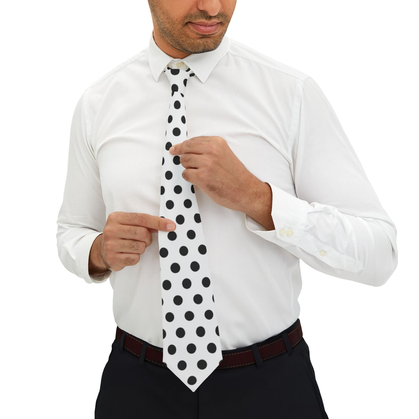 Black Polka Dots on White Printed White Neck Tie All Over Print by TOOLOUD