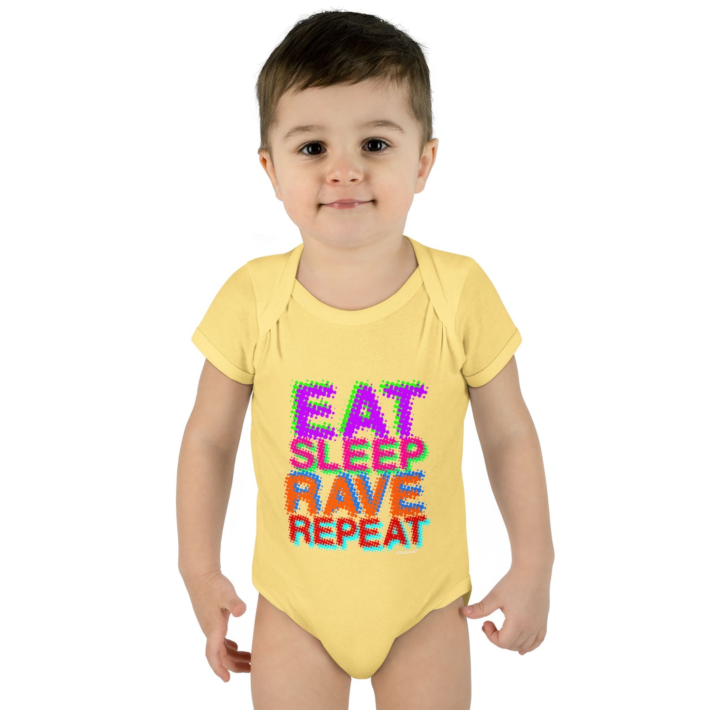 Eat Sleep Rave Repeat Color Infant Baby Romper Bodysuit by TOOLOUD