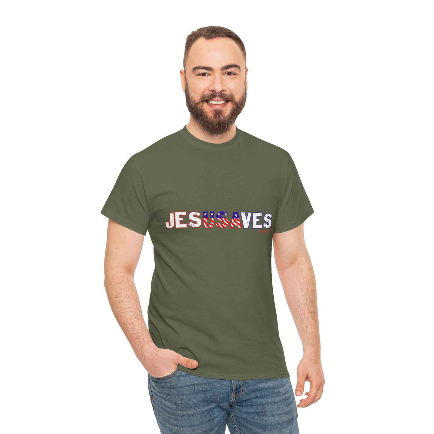 JesUSAves - Jesus Saves USA Design Adult Dark T-Shirt by TOOLOUD
