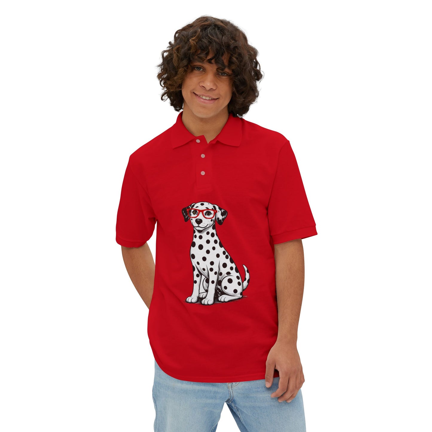 Dalmatian with Red Glasses Polo Shirt with Collar by TOOLOUD