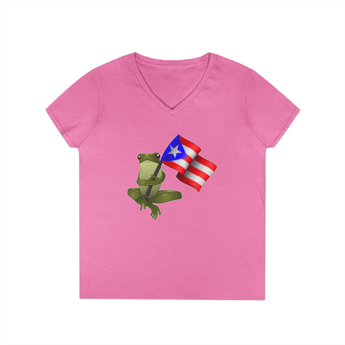 Coquí Holding Flag Women’s Juniors V-Neck T-Shirt by TOOLOUD