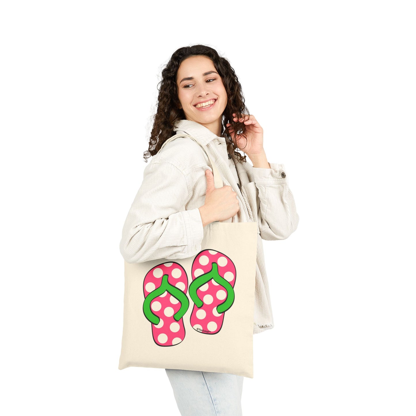 Cute Polka Dot Flip Flops – Pink and Green Grocery Cotton Tote Bag – Natural by TOOLOUD