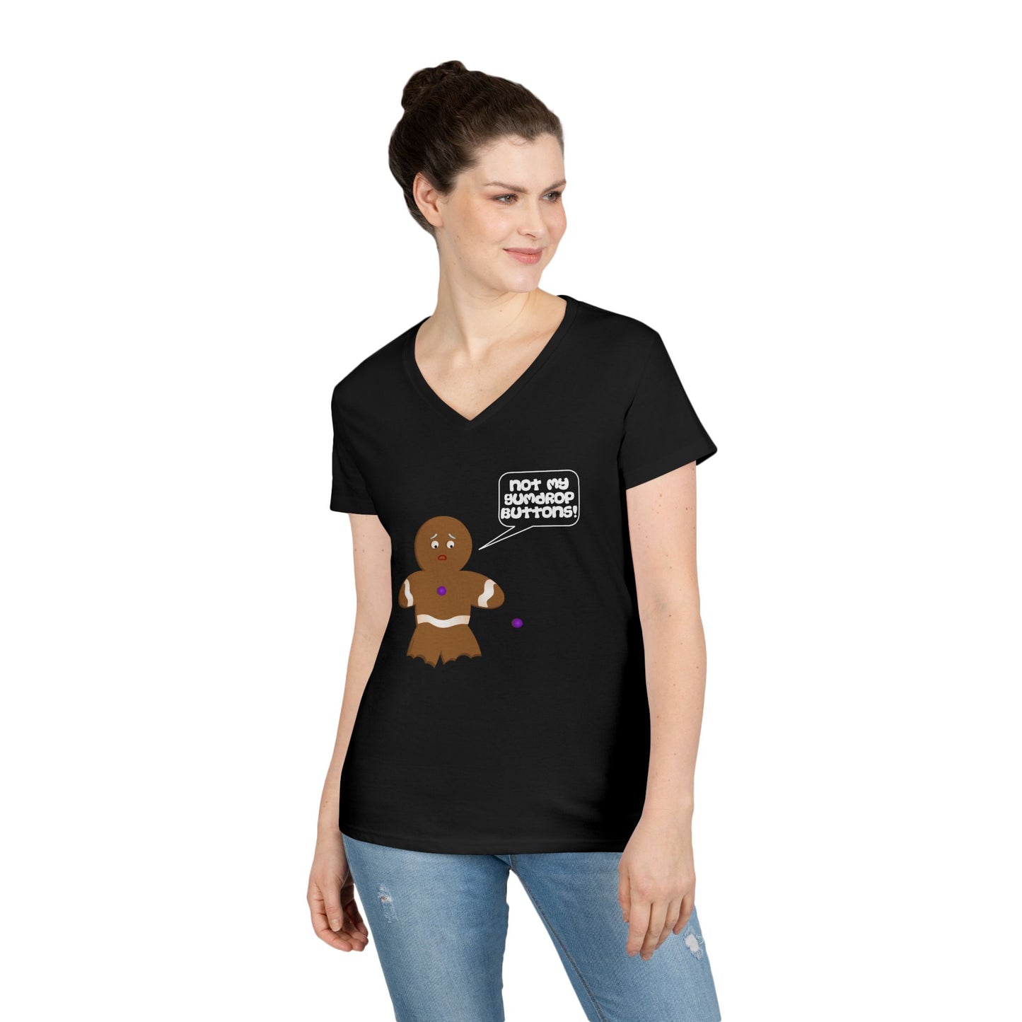Not My Gumdrop Buttons Gingerbread Man Christmas Juniors V-Neck Dark T-Shirt by TOOLOUD™