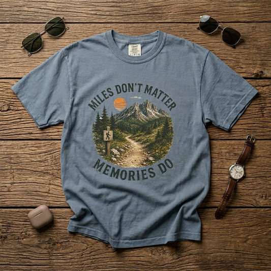 Miles Don’t Matter, Memories Do Unisex Garment-Dyed Adult T-Shirt